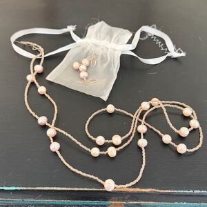 Delicate Pink Pearl Station Necklace and Earrings Set